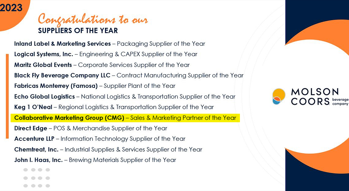 Recognized by Molson Coors as the “2023 Sales & Marketing Partner Of The Year.”